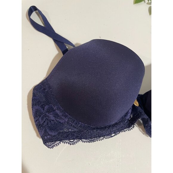 Versace 32B Navy Blue Push-Up Balconet Bra With Lace Accents And Adjustable Stra - Picture 2 of 7